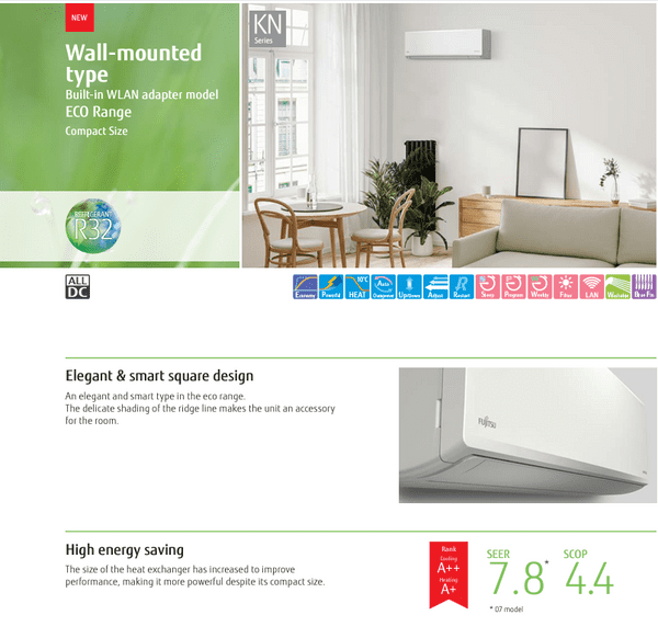 Fujitsu Air conditioning AIRSTAGE AOEH07KNCA ASEH07KNCA Economy Wall Heat pump A++ R32 2Kw/7000Btu