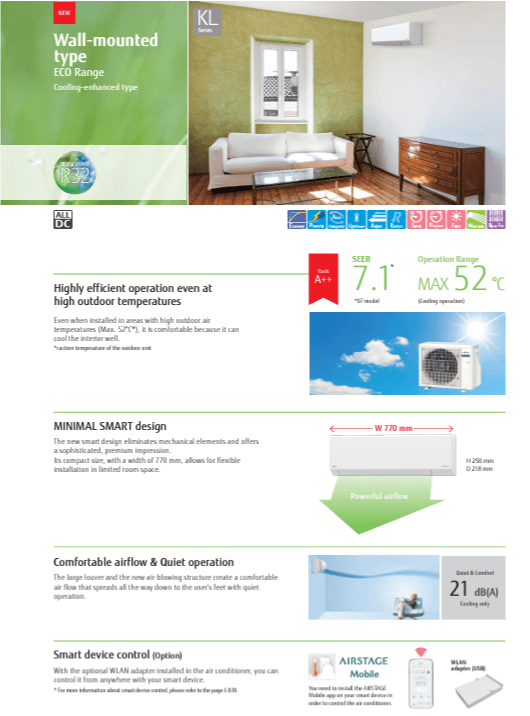 Fujitsu AIRSTAGE Air conditioning ASEH12KLTA AOEH12KLTA Eco Enhanced Wall A++ R32 3.5Kw/12000Btu