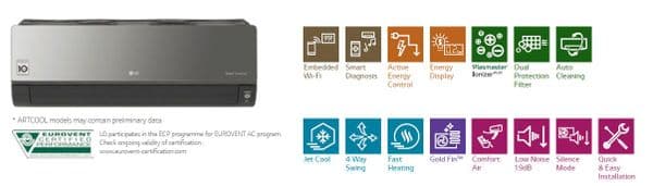LG Air Conditioning ArtCool Mirror AC24BK-NSK Wall Heat Pump 7kw/24000Btu R32 A++ 240V~50Hz