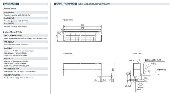 Mitsubishi Electric Air Conditioning MSZ-LN35VG2 3.5Kw/12000Btu R32 Heat Pump Wall A+++ 240V~50Hz