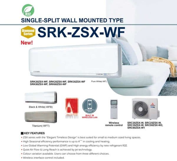 Mitsubishi Heavy Industries Air Conditioning SRK35ZSX-WF Wall Mounted Diamond Plus Wi-Fi 3.5Kw A+++