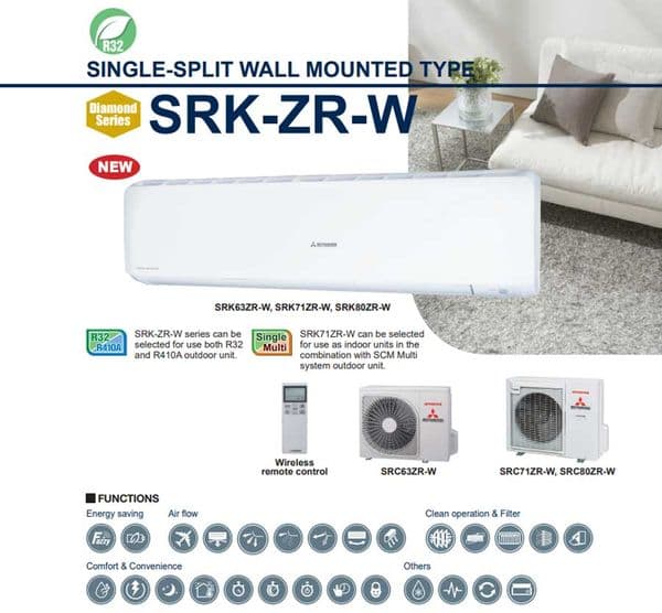 Mitsubishi Heavy Industries Air Conditioning SRK71ZR-WF FDC71VNP-W Wall Diamond Wi-Fi 6.3Kw A++